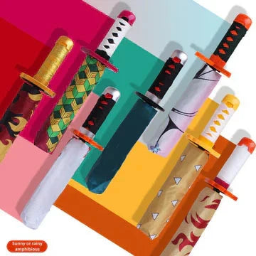 Demon Slayer Anime Katana Sword Umbrella, Nichirin Sword Shape Handle Folding Umbrella, Tanjiro Rengoku Shinobu Giyuu Printed Sun Rain Umbrella, Demon Slayer Merch Cosplay Gift for Anime Fans