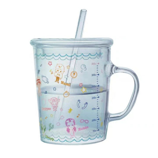 One Piece Anime Glass Mug with Handle & Straw, Clear Measuring Water Cup, Heat Resistant Milk Juice Cup, Cute Cartoon Character Printed Drinking Glass, Anime Merch Gift for One Piece Fans