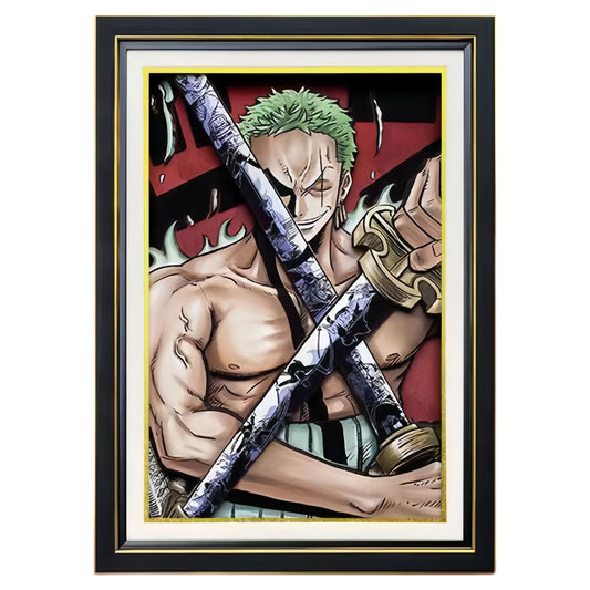 One Piece Roronoa Zoro 3D Paper Carving Art Frame, Anime Handcrafted Layered Paper Cut Wall Art Decor, Framed Anime Poster Desktop Display Painting, Collectible Wall Decoration Gift for One Piece Fans