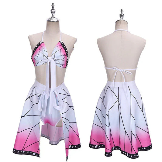 Demon Slayer Anime Cosplay Bikini Swimsuit Set, Kimetsu No Yaiba Tanjiro Nezuko Shinobu Rengoku Giyuu Pattern 3 Piece Bathing Suit, Halter Top Skirt Cover Up Swimwear for Beach Pool Anime Fans