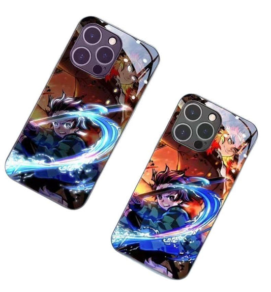 `Demon Slayer Anime Light Up Phone Case, Smart Sound Activated Flash Glowing Glass Back Cover, Shockproof Protective Phone Case for iPhone, Anime Tanjiro Zenitsu Case Gift`