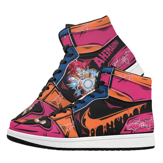 Dragon Ball Goku Super Saiyan God Anime High Top Sneakers, Pink Orange Custom Drip Print Streetwear Shoes, Men Women Casual Fashion Sneakers, Anime Fan Collectible Footwear Gift
