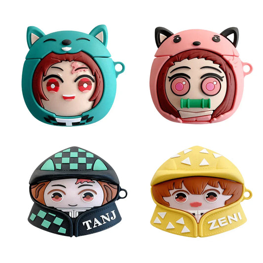 Demon Slayer Anime Airpods Case, Cute 3D Cartoon Silicone Protective Cover for AirPods 1/2, AirPods Pro 1/2, Tanjiro Nezuko Zenitsu Earphone Skin, Shockproof Earbud Case with Keychain, Anime Fan Gift