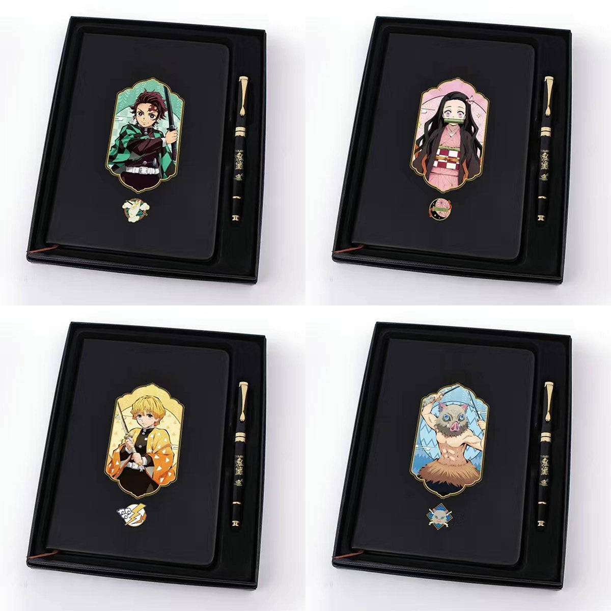 Demon Slayer Anime Notebook & Pen Gift Set, Tanjiro Nezuko Zenitsu Inosuke Character Journal with Metal Badge, Hardcover Writing Notebook Stationery Set, Anime Collectible Gift for Demon Slayer Fans