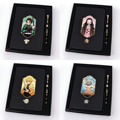 Demon Slayer Anime Notebook & Pen Gift Set, Tanjiro Nezuko Zenitsu Inosuke Character Journal with Metal Badge, Hardcover Writing Notebook Stationery Set, Anime Collectible Gift for Demon Slayer Fans