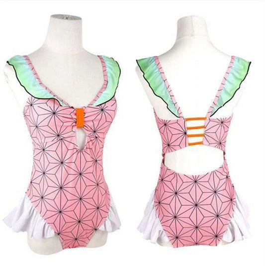 Demon Slayer Anime One Piece Swimsuit for Women, 4 Styles Nezuko Tanjiro Zenitsu Inosuke Cosplay Bathing Suit, Ruffled Cutout Swimwear, Summer Beach Pool Costume for Anime Fans