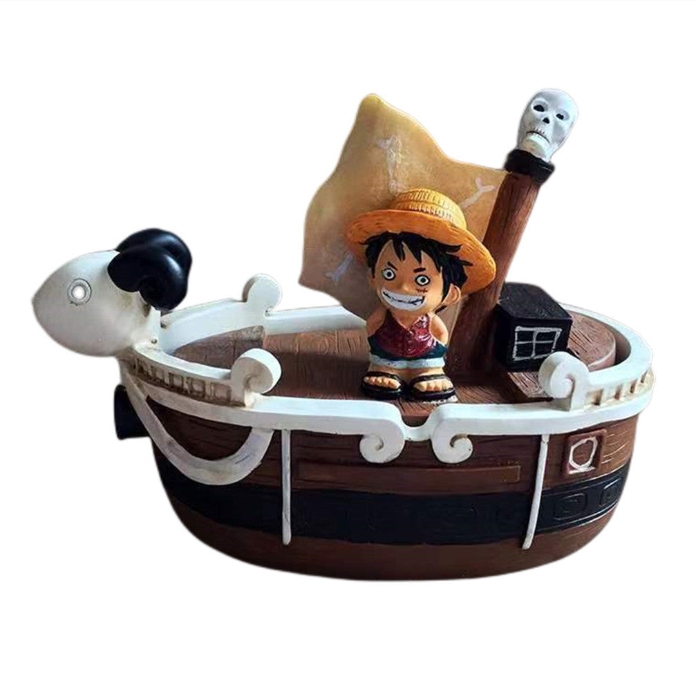 One Piece Going Merry Pirate Ship Figurine, Luffy Mini Figure with Going Merry Boat Model, Anime Collectible Statue, Desktop Decoration Ornament Gift for One Piece Fans