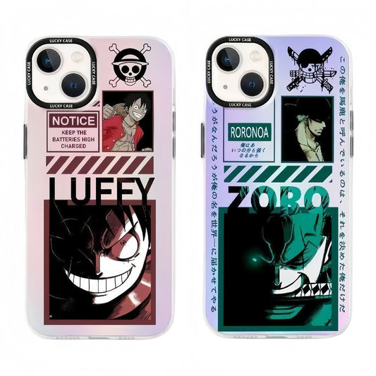 One Piece Aurora Laser Phone Case for iPhone, Luffy Zoro Shanks HD Collage Print Shockproof Protective Hard Cover, Rainbow Laser Iridescent Anime Character Phone Shell One Piece Merch for iPhone Series