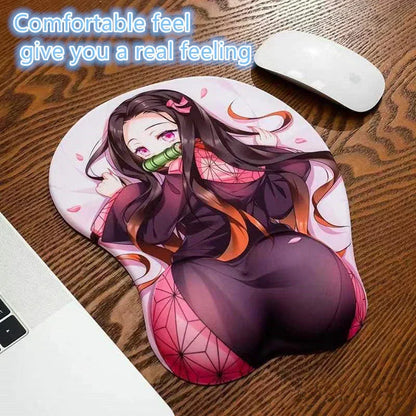 Demon Slayer 3D Anime Mouse Pad with Wrist Rest, Nezuko Shinobu Tanjiro Zenitsu Rengoku Ergonomic Silicone Wrist Support Mousepad, Non Slip Desk Mat, Anime Fan Gift
