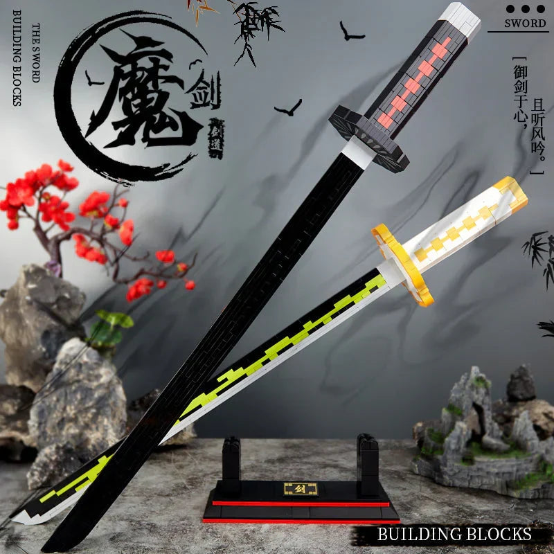 Demon Slayer Building Block Katana Sword, Anime Nichirin Sword Model Kit with Display Stand, Cosplay Prop Assembly Bricks, Tanjiro Zenitsu Giyuu Shinobu Sword Building Toy, Anime Collectible Decor Gift