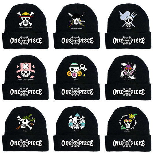 One Piece Anime Knit Beanie Hat, Straw Hat Pirates Jolly Roger Skull Logo Cuffed Winter Warm Cap, Multiple Character Flag Designs Soft Knitted Beanie, Unisex Anime Fan Gift