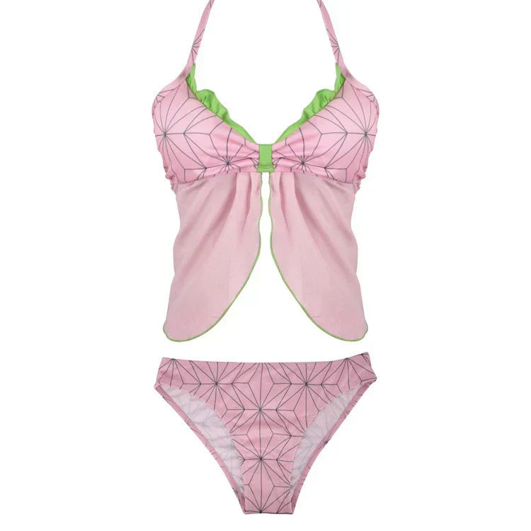 Demon Slayer Nezuko Kamado Two Piece Swimsuit, Anime Cosplay Tankini Bikini Set, Pink Geometric Pattern Halter Swimwear for Women, Anime Beach Bathing Suit