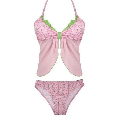 Demon Slayer Nezuko Kamado Two Piece Swimsuit, Anime Cosplay Tankini Bikini Set, Pink Geometric Pattern Halter Swimwear for Women, Anime Beach Bathing Suit