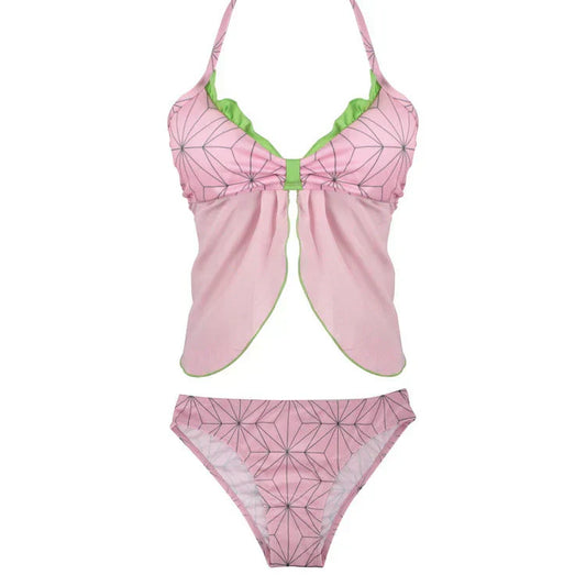 Demon Slayer Nezuko Kamado Two Piece Swimsuit, Anime Cosplay Tankini Bikini Set, Pink Geometric Pattern Halter Swimwear for Women, Anime Beach Bathing Suit