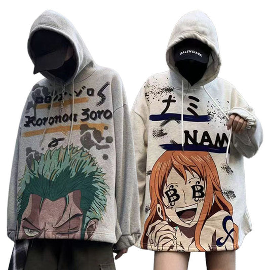 One Piece Anime Hoodie, Vintage Graffiti Roronoa Zoro Nami Oversized Pullover Hooded Sweatshirt, Loose Streetwear Hoodie for Men Women, Anime Fan Gift