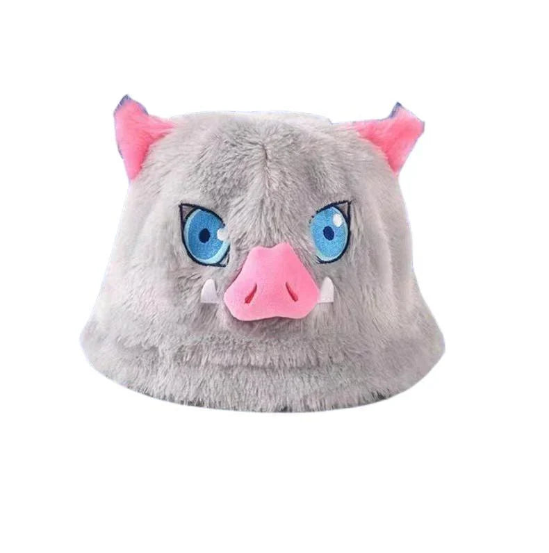 Demon Slayer Inosuke Hashibira Plush Bucket Hat, Kimetsu No Yaiba Boar Mask Anime Fisherman Hat, Cute 3D Character Cosplay Hat, Anime Fan Collectible Costume Accessory Gift