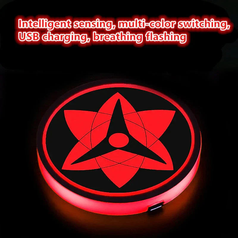 Naruto One Piece Car Accessory Gift，Anime Sharingan LED Car Cup Holder Coaster, Intelligent Sensor Light Up Cup Mat, USB Rechargeable, Multi-Color Changing Car Interior Decor.