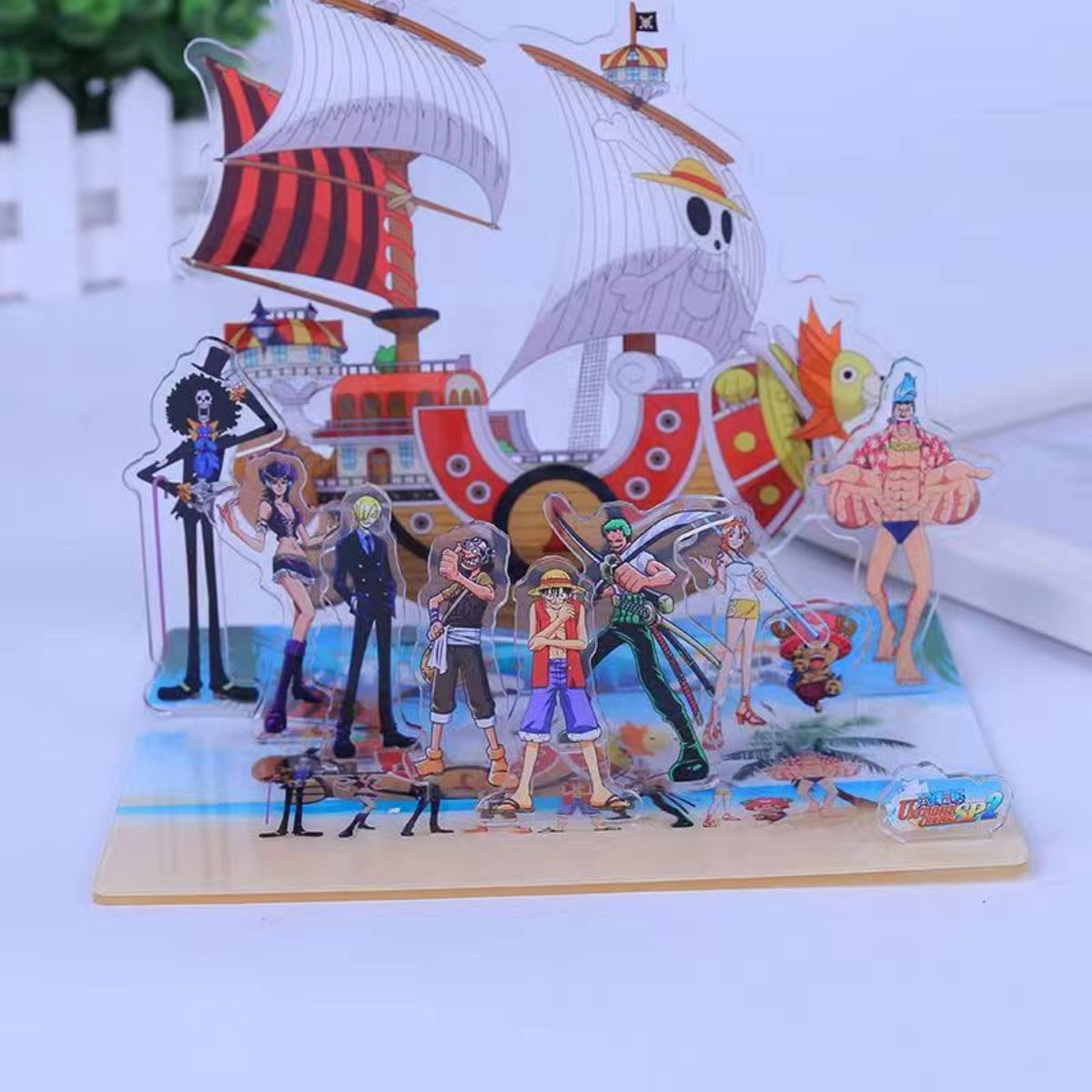 One Piece Straw Hat Pirates Acrylic Standee Scene Set, Luffy Zoro Nami Sanji Chopper Crew & Thousand Sunny Ship Acrylic Figure Stand, HD Printed Tabletop Display Ornament, Anime Fan Collectible Birthday Gift