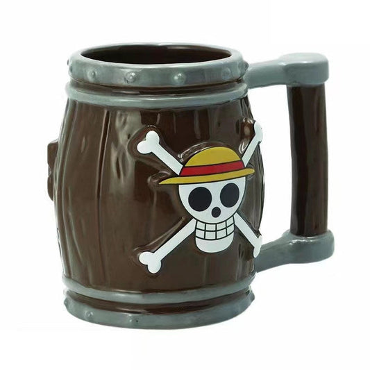 One Piece Pirate Barrel Ceramic Mug, 3D Skeleton Straw Hat Jolly Roger Coffee Cup, Pirate Barrel Shaped Beer Stein, Collectible Drinking Cup Gift for One Piece Fans
