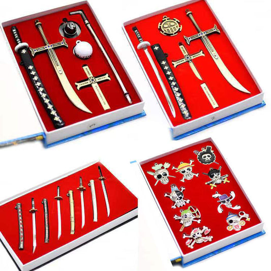 One Piece Anime Metal Weapon Model Gift Box Set, Mini Katana Sword, Skull Brooch, Ring & Pendant Collection Kit, One Piece Cosplay Accessory Desktop Ornament, Collectible Gift for One Piece Fans