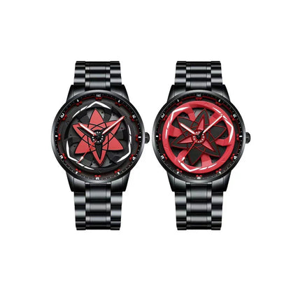Naruto Sharingan Anime Watch for Men, Uchiha Sasuke Madara Rotating Sharingan Dial Wrist Watch, Stainless Steel Band Quartz Watch, Anime Cosplay Accessory, Collectible Gift for Naruto Fans