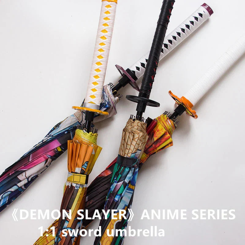 Demon Slayer Anime Katana Sword Umbrella, Nichirin Sword Shape Long Handle Umbrella, Tanjiro Zenitsu Rengoku Printed Sun Rain Stick Umbrella with Shoulder Strap, Demon Slayer Cosplay Merch Gift for Anime Fans