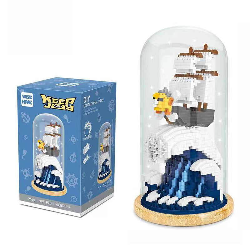 One Piece Thousand Sunny Micro Building Blocks Set, DIY Mini Brick Pirate Ship Model with Glass Dome & LED Light, Wave Scene Display Kit, Collectible Desk Decor Gift for One Piece Fans