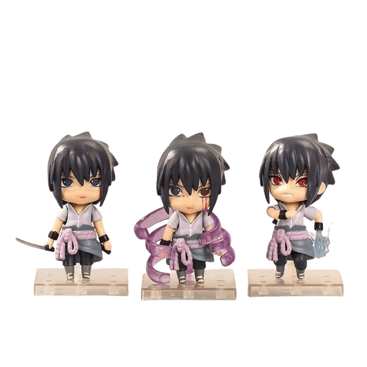 Naruto Uchiha Sasuke Nendoroid Style Figure Set of 3, Q Version Changeable Faces Anime Action Figurine with Weapon & Effect Parts, Collectible Model with Stand, Desktop Ornament Fan Gift