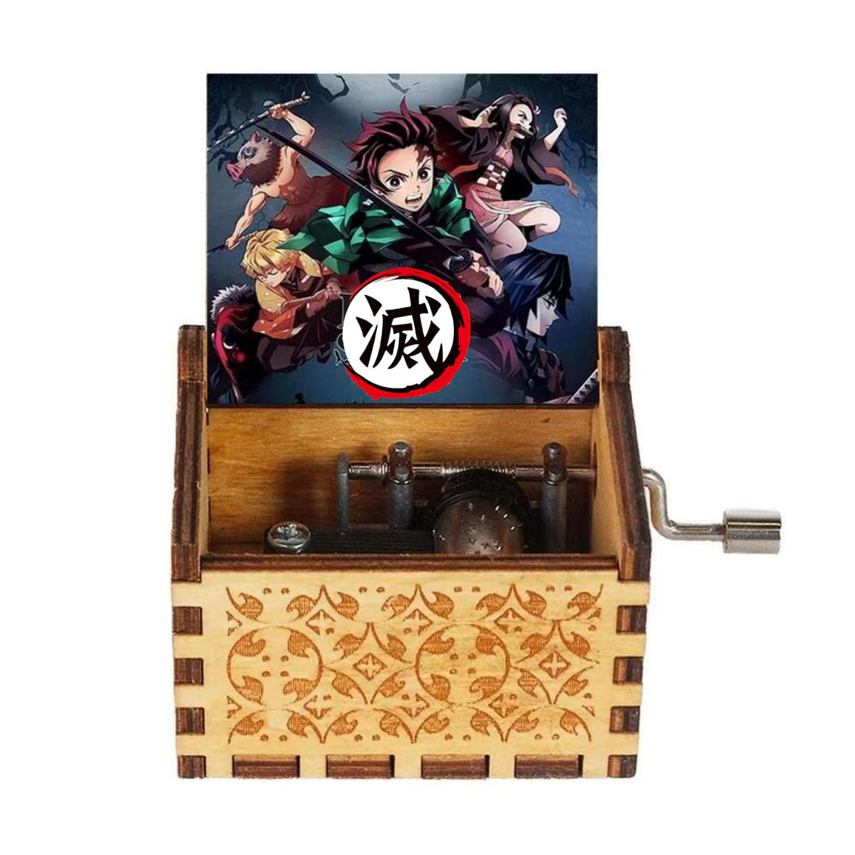 Demon Slayer Hand Crank Wooden Music Box, Anime Character Print Engraved Musical Box, Classic Hand Cranked Music Box, Collectible Anime Keepsake Gift for Demon Slayer Fans