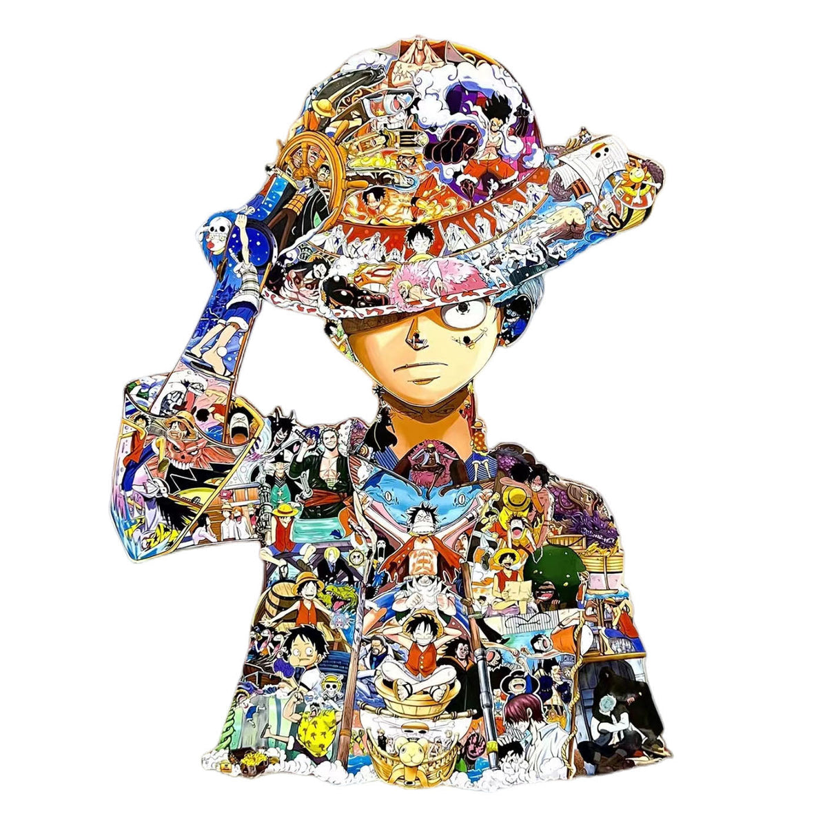 One Piece Luffy Collage LED Wall Art Decor, Anime Monkey D Luffy Wooden Cutout Backlit Wall Sign, Colorful Mosaic Character Collage Artwork, Anime Bedroom Wall Hanging Decoration, One Piece Fan Collectible Gift