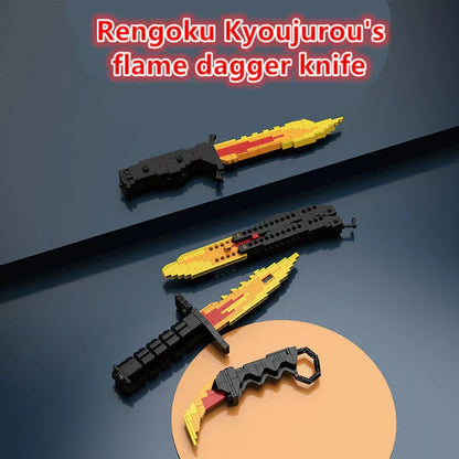Demon Slayer Rengoku Kyojuro Flame Dagger Building Blocks, Anime Sword Model Bricks Kit, Cosplay Prop Knife Toy, Collectible Assembly Weapon Model, Gift for Demon Slayer Fans & Block Builders