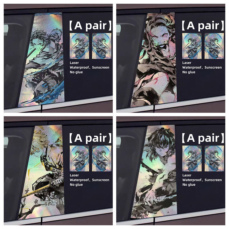 Demon Slayer Anime Car Window Pillar Decals, Laser Holographic Anime Character Car B Column Stickers, Waterproof PET Car Center Pillar Decor Stickers, 1 Pair Anime Car Accessories for Demon Slayer Fans