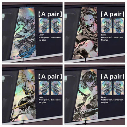 Demon Slayer Anime Car Window Pillar Decals, Laser Holographic Anime Character Car B Column Stickers, Waterproof PET Car Center Pillar Decor Stickers, 1 Pair Anime Car Accessories for Demon Slayer Fans