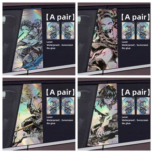 Demon Slayer Anime Car Window Pillar Decals, Laser Holographic Anime Character Car B Column Stickers, Waterproof PET Car Center Pillar Decor Stickers, 1 Pair Anime Car Accessories for Demon Slayer Fans