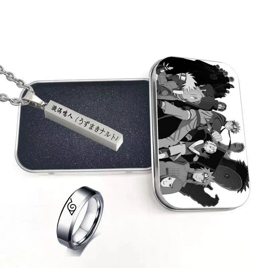 Naruto Uzumaki Anime Jewelry Set, Engraved Name Bar Pendant Necklace + Konoha Symbol Ring, Metal Collectible Gift Box, Anime Cosplay Accessory Gift Set for Naruto Fans
