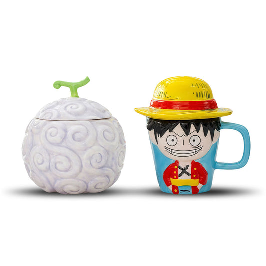 One Piece 3D Ceramic Mug Set, Luffy Straw Hat Figure Mug & Gomu Gomu no Mi Devil Fruit Cup with Lid, Novelty Anime Coffee Tea Cup, Collectible Gift for One Piece Fans