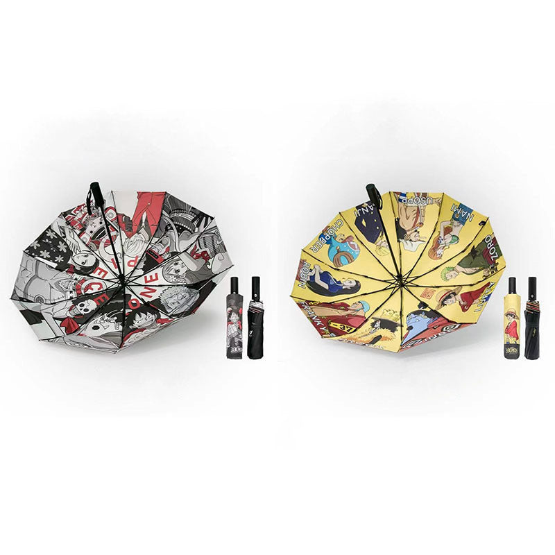 One Piece Anime Folding Umbrella, Luffy Straw Hat Crew Print Sun Rain Umbrella, Inner Cartoon Pattern Portable Auto Open Close Umbrella, UV Protection Parasol, Anime Merch Gift for One Piece Fans