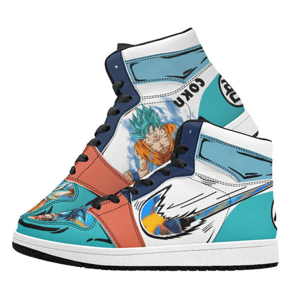 Dragon Ball Goku Super Saiyan Blue Anime High Top Sneakers, Teal White Orange Custom Print Streetwear Shoes, Men Women Casual Fashion Sneakers, Anime Fan Collectible Footwear Gift