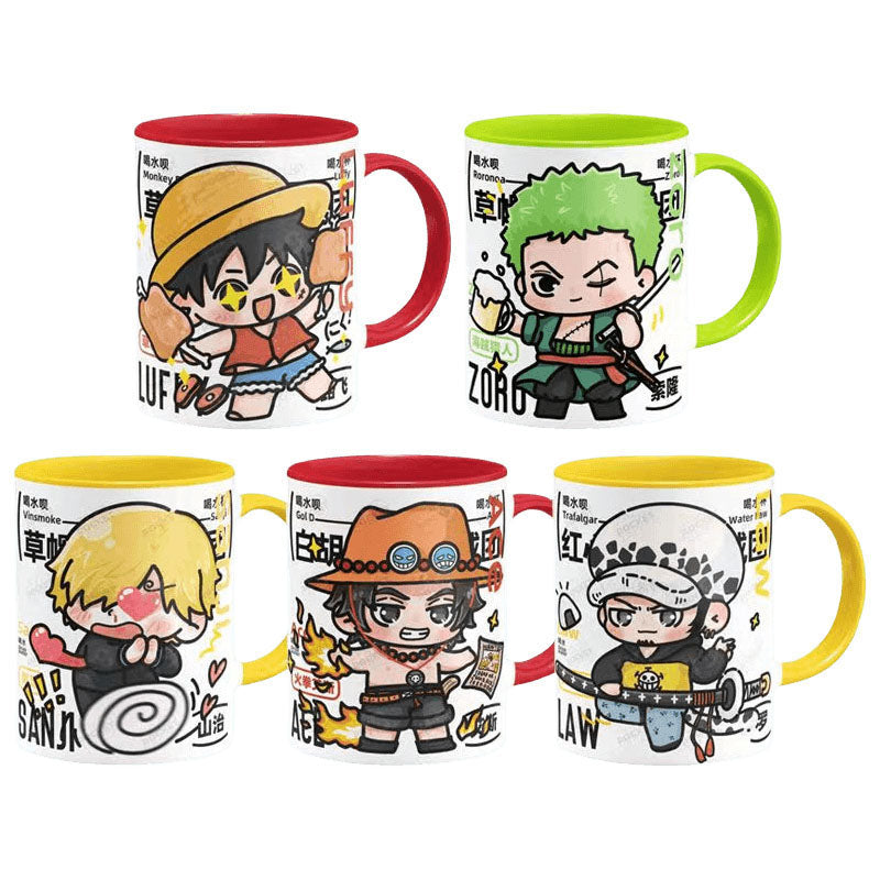 One Piece Anime Ceramic Mug, Q Chibi Version Luffy Zoro Sanji Ace Law Coffee Tea Cup, 11oz Color Inside Mug, Microwave Safe, Anime Fan Home Office Drinkware Birthday Gift