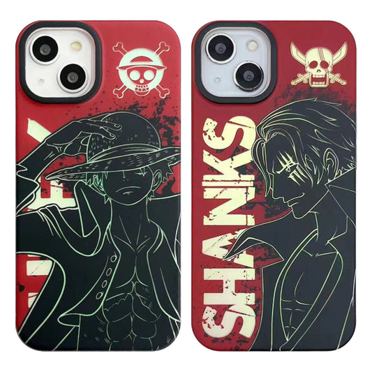 One Piece Anime Phone Case for iPhone, Luffy & Shanks Red Background Line Art Print Shockproof Hard Protective Cover, One Piece Skull Logo Character Phone Shell Anime Merch for iPhone Series
