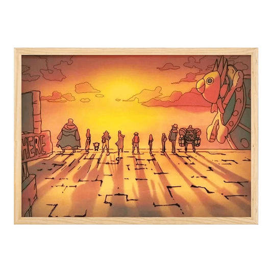 One Piece Straw Hat Crew Sunset Scene Framed Wall Art, Thousand Sunny Anime Print Painting, Classic Farewell Scene Canvas Poster, Home Bedroom Decor, Collectible Art Gift for One Piece Fans