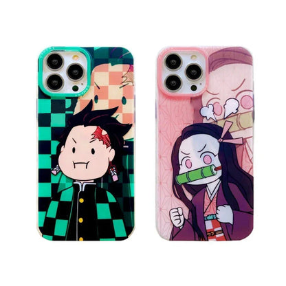 Demon Slayer Cute Chibi Tanjiro Nezuko Phone Case, Kawaii Cartoon Anime Protective Cover, Soft Shockproof Silicone Phone Shell for iPhone, Demon Slayer Manga Fan Merch Gift