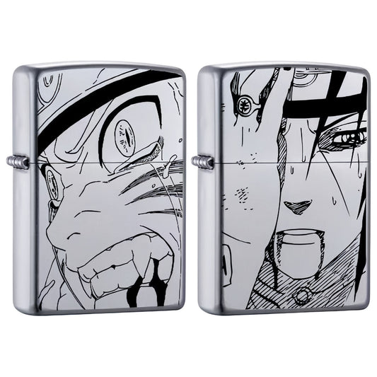 Naruto Anime Manga Print Kerosene Lighter, Double Sided Flip Top Metal Windproof Pocket Lighter, Naruto & Itachi Black White Sketch Lighter, Collectible Gift for Naruto Anime Fans