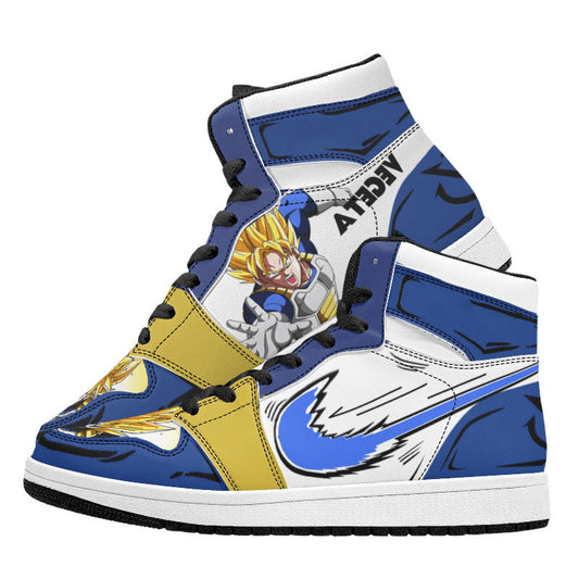 Dragon Ball Vegeta Anime High Top Sneakers, Blue Gold White Custom Print Streetwear Shoes, Men Women Casual Fashion Sneakers, Anime Fan Collectible Footwear Gift