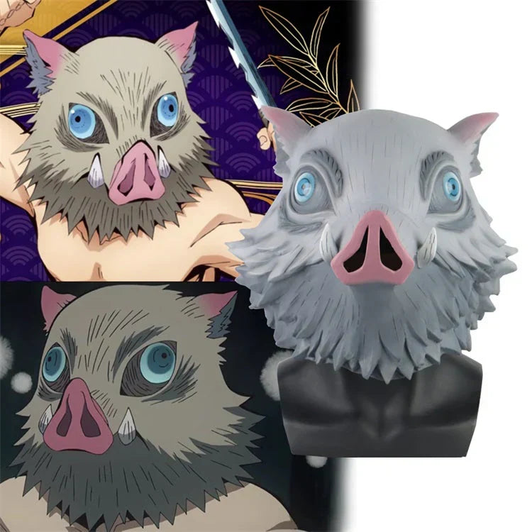 Demon Slayer Inosuke Hashibira Boar Mask, Anime Wild Boar Head Mask with Fluffy Fur, Latex Cosplay Helmet for Halloween Costume Party, Role Play Prop for Demon Slayer Fans