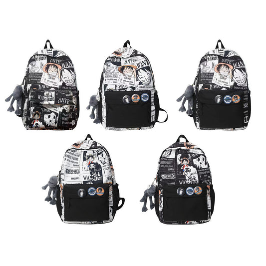 One Piece Anime Newspaper Print Backpack, Luffy Comic Collage School Bag with Plush Pendant, Large Capacity Casual Daypack, Multiple Pockets Lightweight Laptop Backpack for Teens Students Outdoor Travel