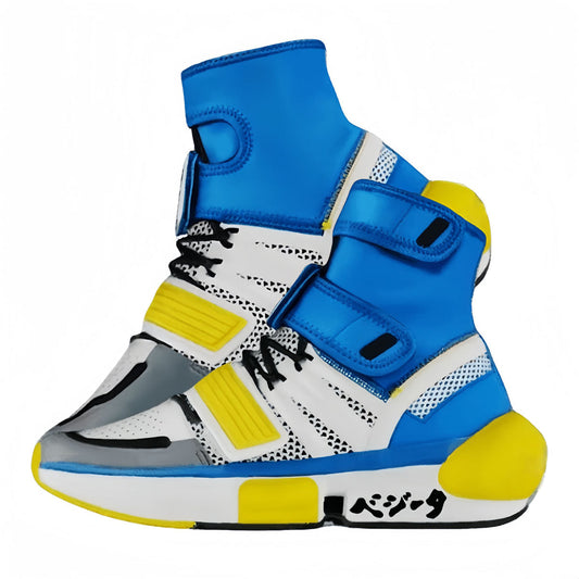 Anime Cosplay High Top Sneakers, Futuristic Techwear Sock Boots, Blue Yellow Color Block Streetwear Shoes, Adjustable Buckle Strap Platform Costume Footwear for Men Women