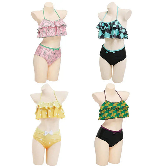 Demon Slayer Anime Cosplay Bikini Swimsuit for Women, Ruffled Halter Two Piece Bathing Suit, Nezuko Shinobu Zenitsu Giyuu Themed Swimwear, Summer Beach Pool Swimsuit, Anime Fan Gift