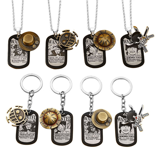 One Piece Anime Dog Tag Necklace Keychain, Luffy Zoro Ace Metal Pendant, Vintage Engraved Dog Tag, Collectible Cosplay Jewelry Gift Set with Gift Box for One Piece Fans