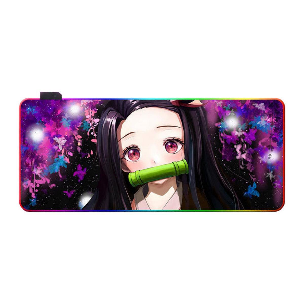 Demon Slayer RGB Gaming Mouse Pad, Large Extended Anime Desk Mat, LED Glowing Non-Slip Rubber Keyboard Pad, Multiple Nezuko Tanjiro Designs, Waterproof Desk Pad for PC Gamers